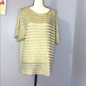 Multiples beige gold party holiday blouse sheer knot short sleeve